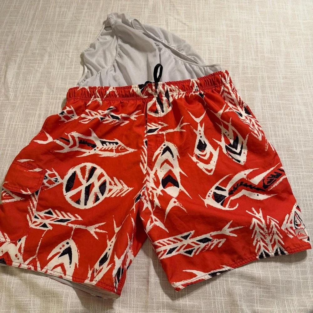 Quiksilver Mens Orange Tribal Fish Print‎ Swim Trunks Board Shorts XL 1502443